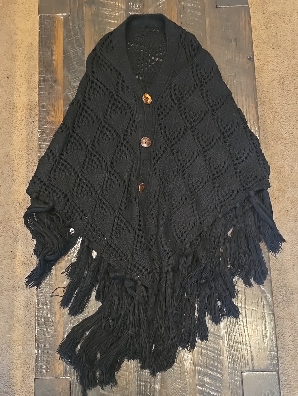 Black Knitted Fringe Poncho with Button Front